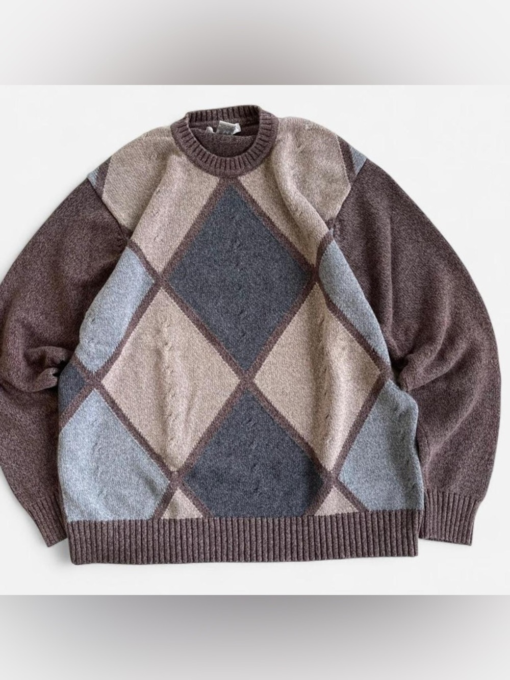 90s Geoffrey Beene Brown Tan Grey Argyle Crewneck Sweater Casual Preppy Knit L